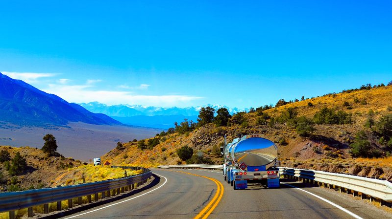 Fuel tanker truck on a mountain highway